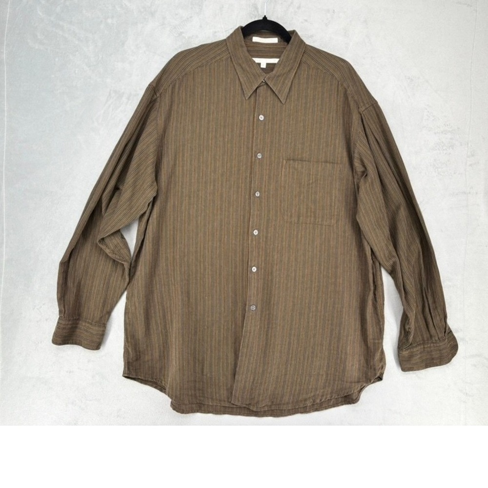 Perry Ellis Mens XL Button Down Shirt Brown Textured Stripe Long Sleeve Cotton